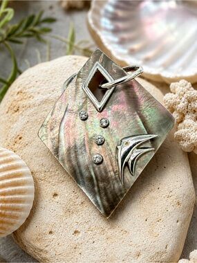 Sterling Silver Abalone Shell Fish Pendant Rhinestone Accents 2”15g Coastal Vibe